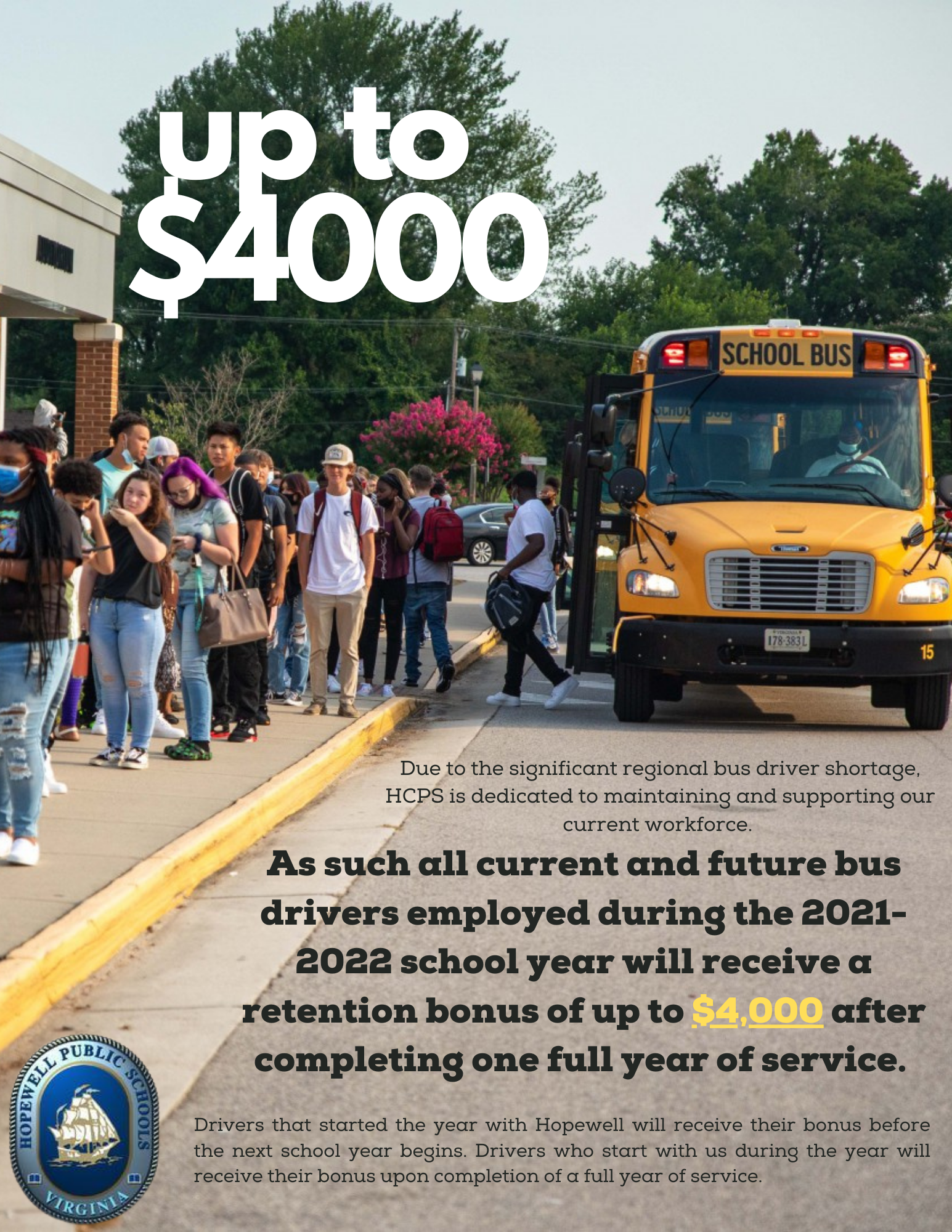 the image is a flyer regarding bus driver retention