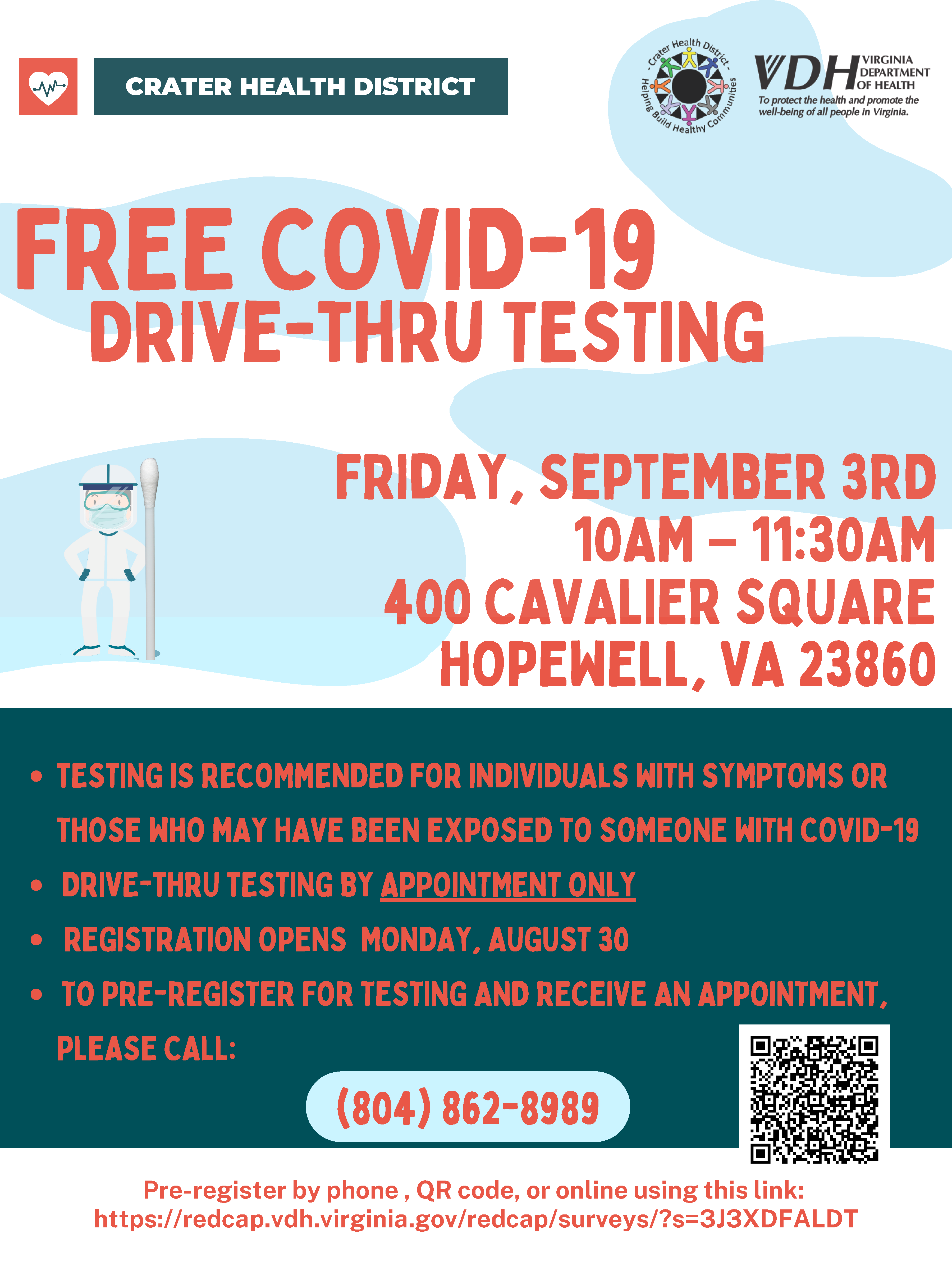 the image is a flyer for the community covid testing event scheduled on 9/3/21