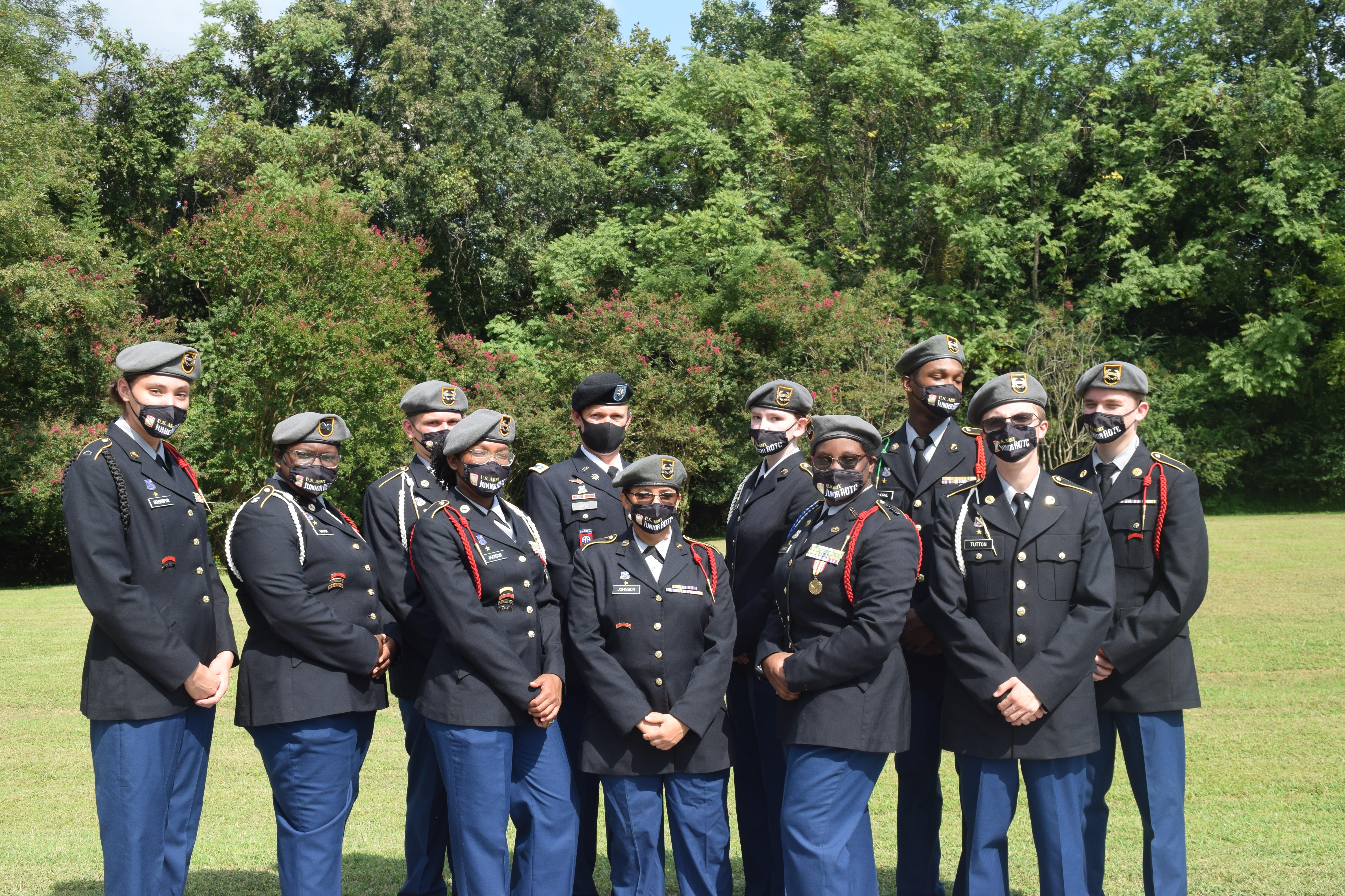 The image is of HHS’ JROTC members in their uniforms, posing for a group shot at Weston Manor on 9/15/21
