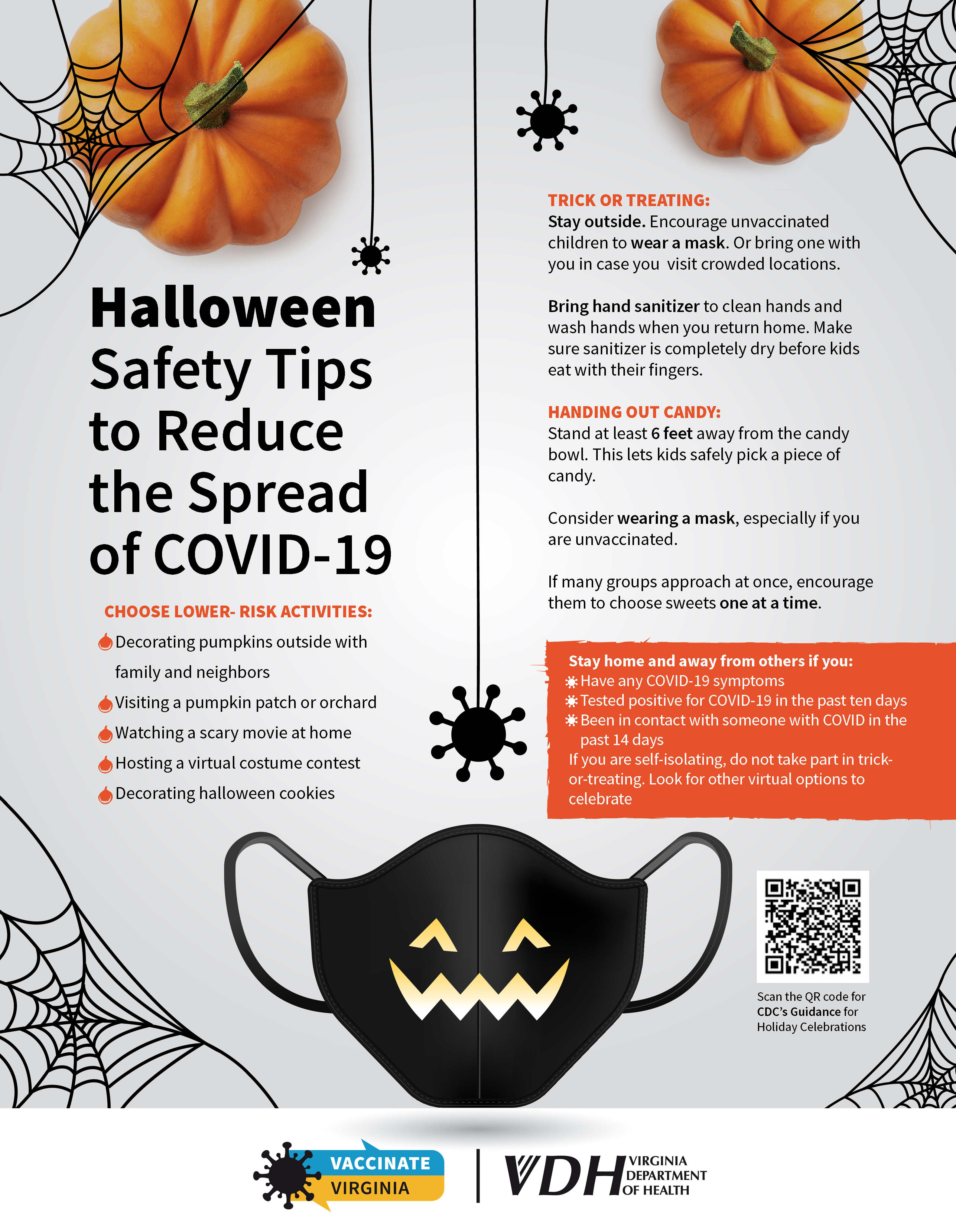 the image is a one-page handout highlighting the VDH's tips on celebrating halloween safely