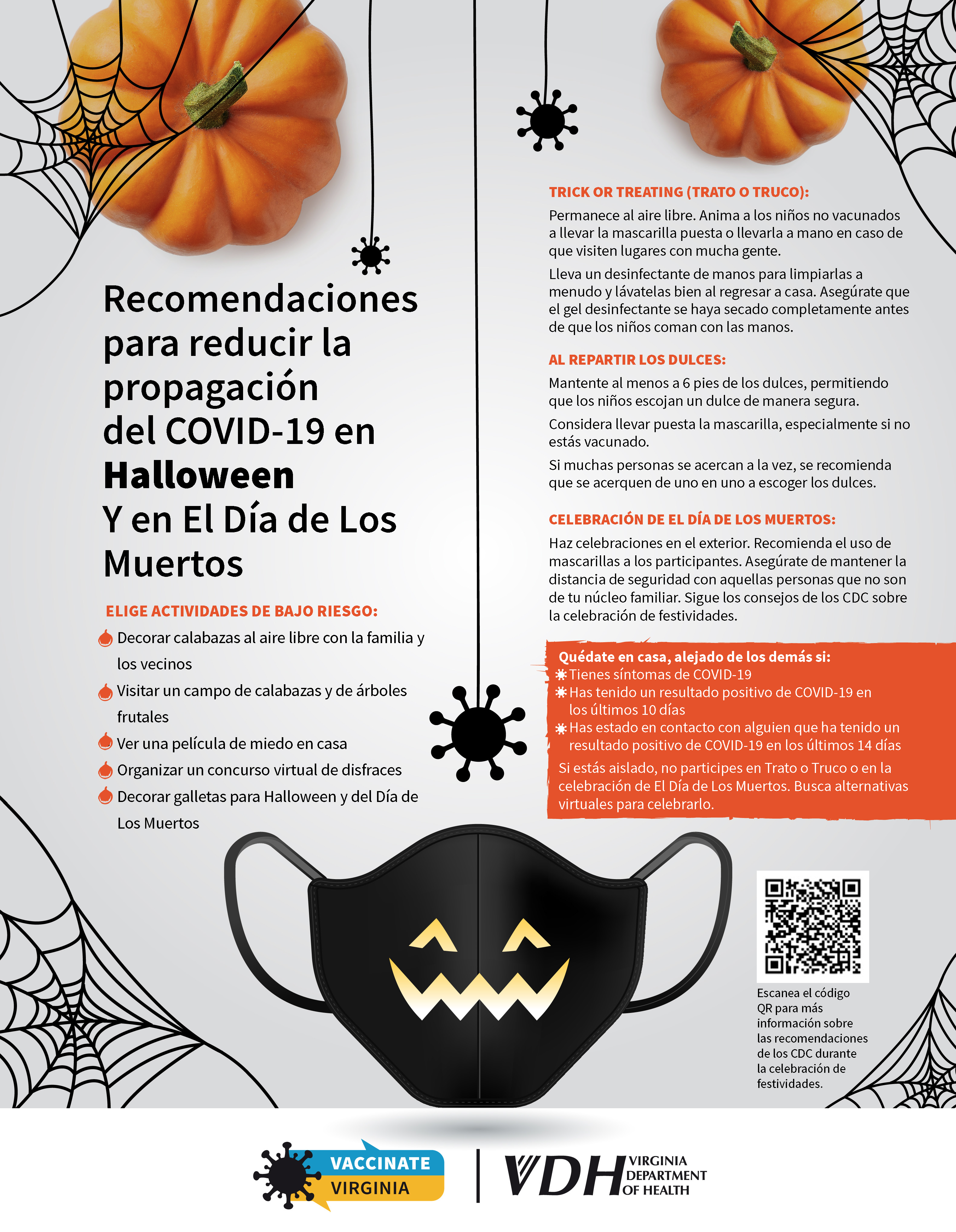 the image is a one-page handout highlighting the VDH's tips on celebrating halloween safely translated into Spanish